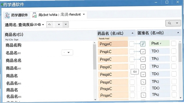 药学通软件中通用名查询结果的界面截图，展示多个商品名列表与对比信息