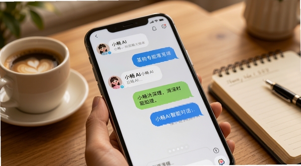 小畅AI智能对话界面特写,手机屏幕显示用户与小畅AI正在聊天,对话气泡清晰,背景为温馨的室内桌面场景,旁边有一杯咖啡和笔记本,整体氛围轻松,画面细节丰富