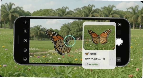 西米AI眼镜识物功能使用场景图,手机镜头对准一只蝴蝶,屏幕边缘弹出蝴蝶种类介绍卡片,背景为公园绿地,画面具有科技感与自然融合的氛围。