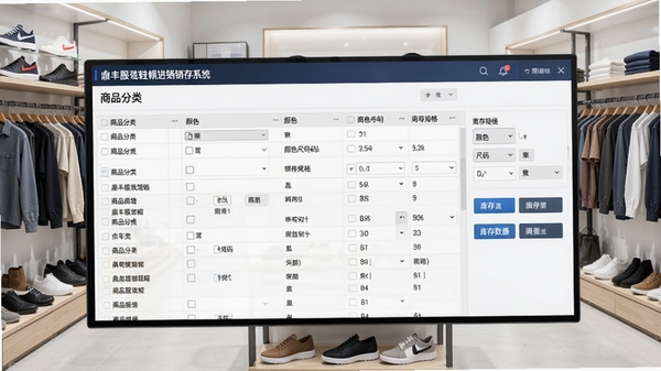 鼎丰服装鞋帽进销存系统商品管理功能操作界面,展示商品分类列表、颜色尺码规格选择框、库存数量调整按钮,界面设计专业,数据表格排列整齐,背景为整洁的服装店仓库,货架上摆放着各类鞋服商品,画面明亮清晰