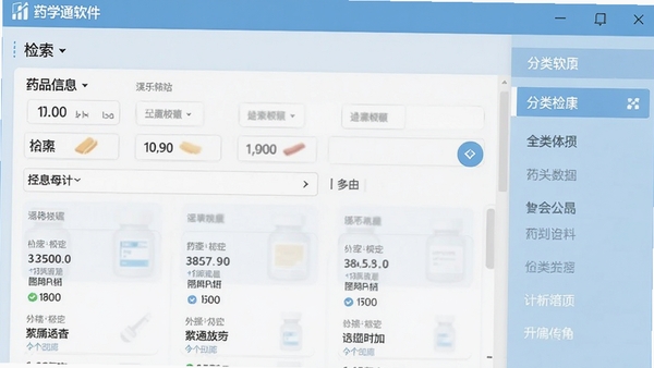 药学通软件主界面截图，展示清晰的药品信息检索框与分类导航栏，背景为淡蓝色调，整体风格专业简洁