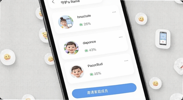 守护宝家长端多设备绑定管理界面,画面展示一部手机屏幕上排列着三个孩子设备头像卡片,每张卡片显示设备名称、在线状态、电量百分比,底部有邀请家庭成员按钮,背景为浅灰色纹理,整体风格简约现代,突出多设备统一管理的便捷性