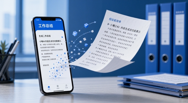 小畅AI内容生成功能展示,画面中手机屏幕显示正在生成一篇工作总结,文字从屏幕中飘出变成纸张,背景为办公桌与文件夹,色调偏商务蓝,突出效率感