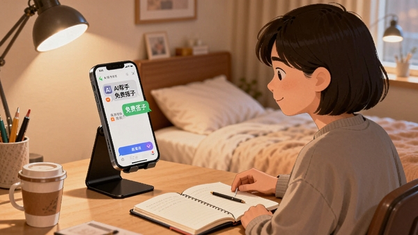 场景插画,一位年轻人坐在书桌前,手机立在支架上展示AI帮手免费搭子的对话界面,旁边有打开的笔记本和咖啡杯,背景是温馨的卧室环境,暖色调灯光,画面展现人机互动学习的日常,细节丰富,构图自然。