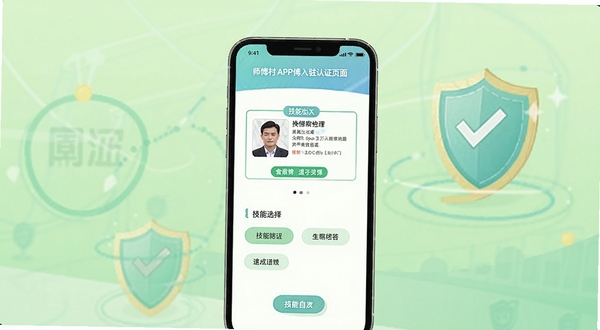 师傅村APP师傅入驻认证页面,画面中央为手机屏幕显示身份证上传框与技能标签选择区域,背景为浅绿色渐变与认证盾牌图标,风格安全可信,适配Boogu模型生成