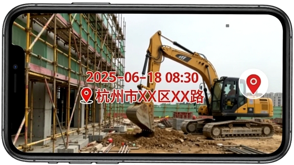 免费水印相机打卡定位功能展示图，画面展示手机屏幕内一张带有红色时间地点水印的工地照片，背景是脚手架和挖掘机，水印清晰显示“2025-06-18 08:30 杭州市XX区XX路”，旁边有定位图标，风格简洁直观。