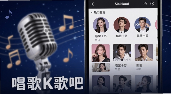 唱歌K歌吧曲库分类界面，手机屏幕特写占据画面右侧三分之二，左侧为模糊的麦克风与音符装饰元素，背景为深蓝色渐变星空效果，屏幕内显示热门歌手头像与歌曲列表，画面下方有唱歌K歌吧文字标识