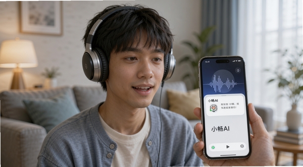小畅AI语音交互场景,一位年轻人戴着耳机对着手机说话,手机屏幕显示声波与小畅AI回复内容,背景为居家客厅,光线柔和,体现便捷操作