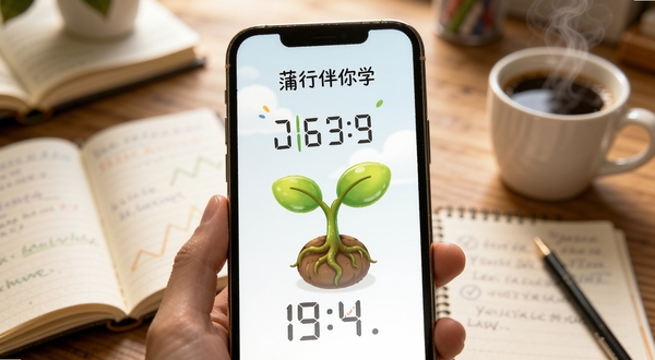 蒲行伴你学 专注计时界面,画面主体为手机屏幕特写,屏幕中显示一棵正在生长的卡通树苗与剩余倒计时数字,背景区域是模糊的书桌场景,有散落的笔记本和一杯冒着热气的咖啡,光影柔和,突出沉浸感。