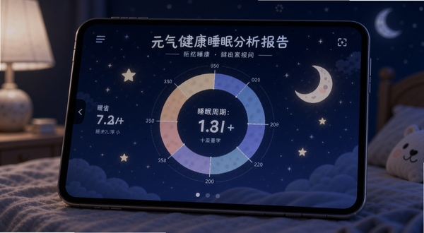 元气健康睡眠分析报告页面，深蓝色夜间背景，屏幕中央显示睡眠周期环形图，旁边有月亮和星星装饰，风格静谧科技感