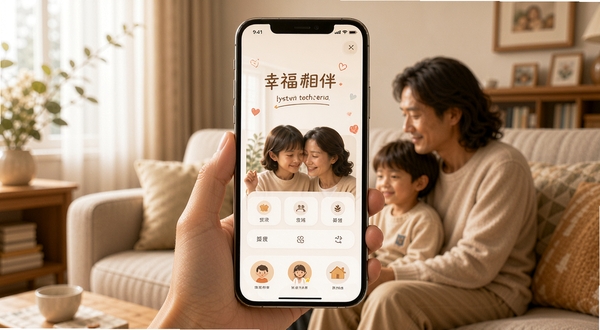 幸福相伴 应用主界面 温馨家庭场景 柔和暖色调 手机屏幕展示 中心位置 背景为客厅环境 自然光线