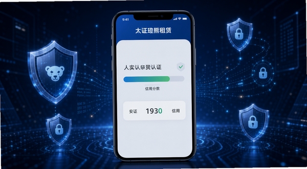 大灰熊租赁实名认证与信用评估界面,画面主体为手机屏幕展示认证进度条与信用分数,背景区域为深蓝色科技感空间,周围环绕盾牌与数据流线条,突出安全与信任感