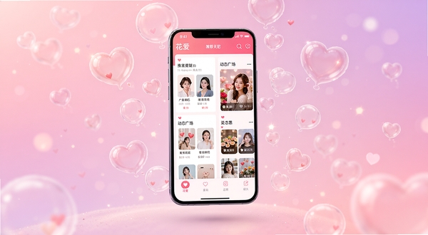 花爱手机应用界面全景展示图，画面中央悬浮一部智能手机，屏幕内呈现花爱APP的推荐匹配页面与动态广场双栏布局，背景采用柔和的粉紫渐变色调，四周点缀半透明的心形气泡与光斑，整体风格温馨浪漫，适合社交软件宣传使用
