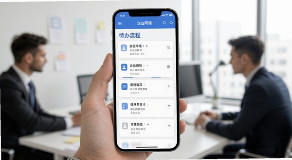 企业阿辅 审批流程界面 手机端展示 待办事项列表 商务办公场景 简洁扁平化设计 蓝白配色