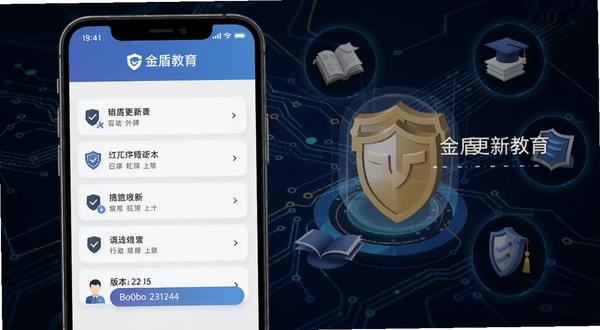 金盾教育版本更新界面,手机屏幕显示更新日志列表与版本号,背景为科技感线条与教育图标,适配Boogu模型生成
