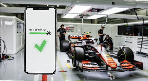 F1方程式赛车原版安装器功能界面展示图，画面中手机屏幕显示设备兼容性检测进度条，旁边有绿色对勾标识，背景为赛车维修区场景，整体风格简洁明快，突出工具的专业性与易用性
