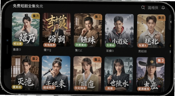 免费短剧全集免海量资源库界面,手机屏幕中展示多行短剧海报,每张海报带有题材标签和集数角标,背景为深色护眼模式,画面明亮清晰,体现资源丰富感