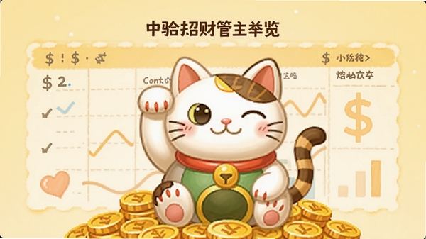 合合招财猫主界面预览图,一只卡通招财猫形象端坐在金币堆上,背景是淡黄色的简约记账图表,整体画面明亮温馨,突出财运管理的核心主题
