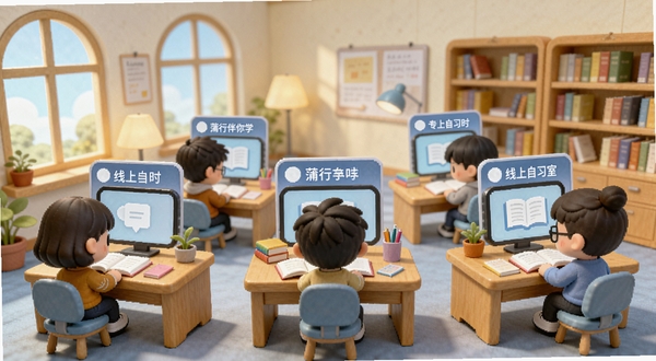 蒲行伴你学 线上自习室场景,画面展示一个虚拟的教室或图书馆空间,多个卡通形象坐在书桌前学习,每个书桌上方显示着用户的专注时长与昵称,背景区域有窗户和书架,整体色调明亮舒适,体现陪伴学习的氛围。