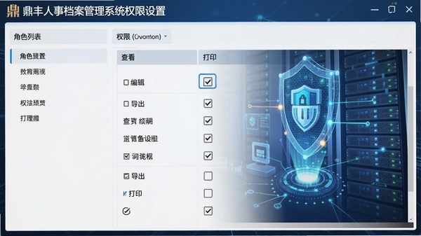 鼎丰人事档案管理系统权限设置界面,展示角色列表和权限勾选矩阵,包含查看、编辑、导出、打印等选项,背景为网络数据安全概念图