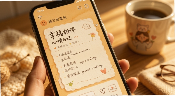 幸福相伴 心情日记界面 暖色背景 手写字体 记录卡片 柔和光影 手机屏幕特写 温馨氛围