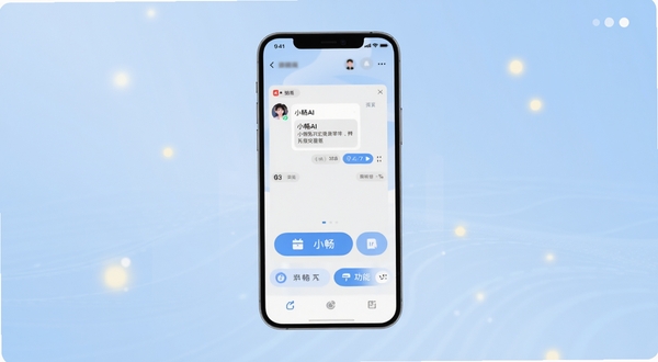 小畅AI软件主界面全貌展示,画面中央是手机屏幕,屏幕内呈现小畅AI对话窗口与功能按钮,背景为浅蓝渐变科技风格,四周点缀柔和光点,整体简洁明亮,适配Boogu模型生成