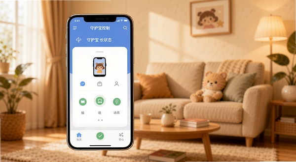 守护宝家长端软件主界面展示,画面中央为一部智能手机,屏幕显示家长端控制面板与孩子设备绑定状态,背景为温馨家庭客厅场景,柔和暖色调,扁平化UI风格,突出守护宝家长端核心功能全貌