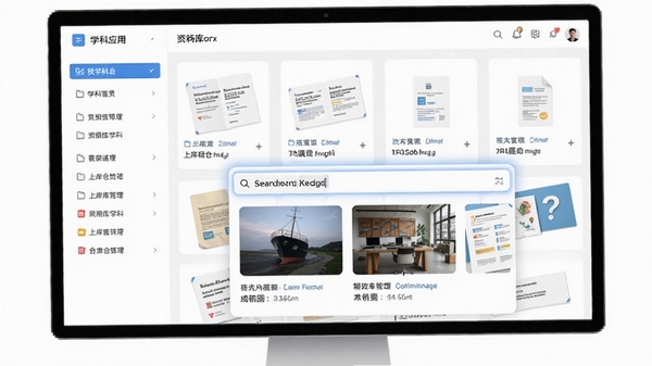 展示上岸仓应用内部的资料库管理界面,左侧为清晰的学科分类侧边栏,右侧以卡片形式展示不同的笔记和文档缩略图,屏幕中央高亮显示一个搜索框,输入关键词后下方浮现出精准的图片和文档结果,画面风格简洁现代。