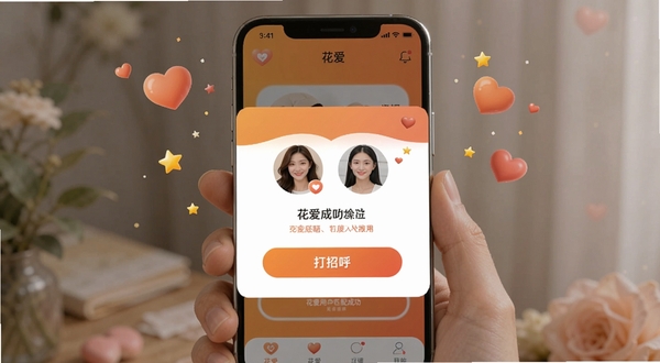 花爱用户匹配成功界面展示图，手机屏幕显示花爱APP的匹配成功弹窗，两位用户头像并排展示，下方有打招呼按钮，背景为暖橙色渐变，周围漂浮爱心与星星装饰，突出喜悦氛围