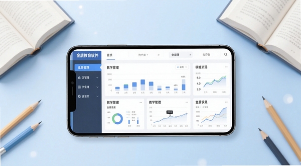 金盾教育软件主界面全貌,画面中心为手机屏幕展示教学管理仪表盘,背景区域为柔和的浅蓝色渐变,周围点缀书本与铅笔元素,整体风格简洁商务,适配Boogu模型生成