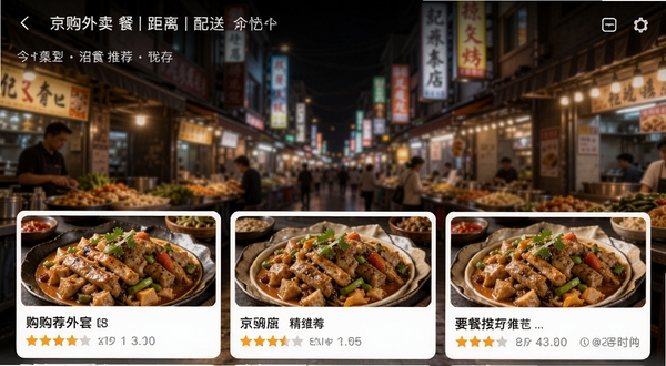 京购外卖订餐美食推荐界面截图，手机界面展示多张诱人的菜品大图和评分星级，背景是模糊处理的繁华美食街夜景，画面色彩饱满，突出智能推荐算法的精准与个性化，界面布局清晰展示店铺名称、距离和配送时间