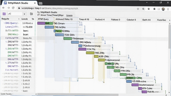 HttpWatch Studio网络时间轴截图,显示多个HTTP请求的瀑布流加载顺序,不同颜色标记DNS查询、连接建立、内容下载等阶段,背景为浏览器窗口