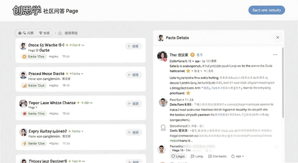 创思学 社区问答页面截图,展示问题列表与回答详情,背景为浅灰色与白色搭配的简洁风格