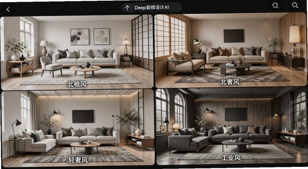 Deep装修设计AI界面中展示同一客厅在四种不同装修风格下的对比预览图,包含北欧风、日式风、轻奢风、工业风,手机横屏显示