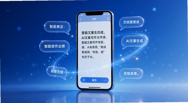 AI文案写作专家 手机界面 智能文案生成 科技感 蓝色渐变背景 画面中央展示手机屏幕 屏幕内呈现文案创作界面 周围环绕文字气泡与光效 现代简约风格 高清渲染