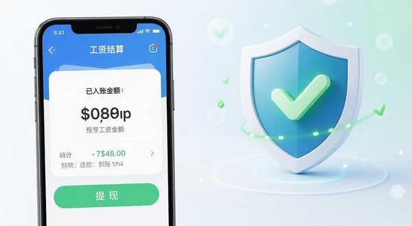 零时工APP的工资结算页面预览图,显示已入账金额与提现按钮,背景搭配安全盾牌图标与绿色对勾,强调资金安全与到账迅速,画面简洁明亮,UI细节丰富。