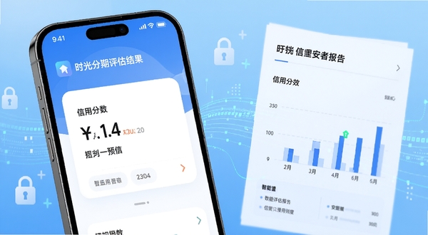 智能手机屏幕展示时光分期APP的智能评估结果页面，页面以卡片形式展示信用分数与预授信额度。手机旁放置一份简约的信用报告图表，背景为科技感十足的浅蓝色渐变，配有数据流动线条与加密锁图标，体现智能、安全与高效。