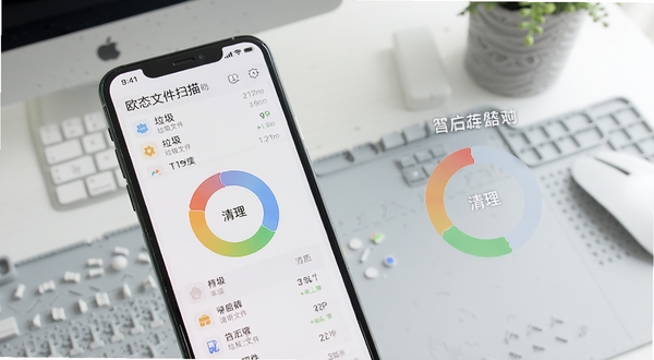 欧态专业版智能清理功能运行示意图,手机屏幕展示垃圾文件扫描结果列表,彩色环形图显示清理前后存储对比,背景为清爽的浅灰色工作台,光线明亮自然