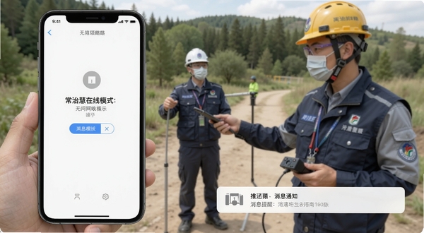 常治慧离线模式与消息提醒界面,展示无网络状态下操作提示与推送通知栏,背景为户外巡查场景,强调实用性与可靠性