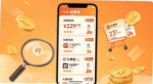 拼拼实惠购物优惠券聚合功能界面，手机屏幕显示多个电商平台的优惠券卡片，卡片上有折扣金额和倒计时标签，背景为暖橙色，画面中有放大镜和金币元素，突出省钱主题