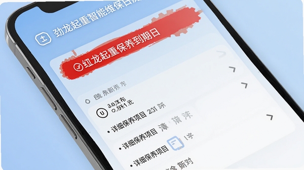 劲龙起重智能维保日历界面，红色标记保养到期日，下方显示详细保养项目清单，背景为柔和的蓝色渐变，画面突出提醒功能，手机界面风格现代简洁