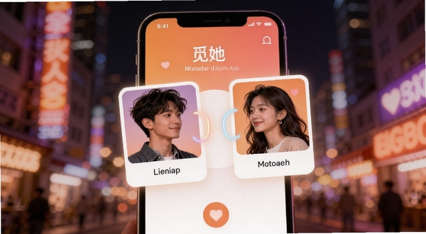 画面主体为一部亮屏的智能手机,屏幕中显示觅她APP的个人资料匹配成功界面,两位年轻男女的头像卡片相互吸引并发出柔和光芒,背景是模糊处理的城市夜景霓虹灯,整体色调为温暖的橙紫色渐变,营造出浪漫、期待又充满科技感的氛围。