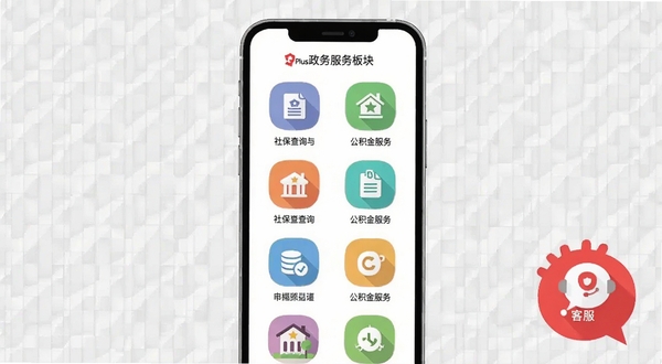 South南方Plus政务服务板块界面，画面中央为手机屏幕展示社保查询与公积金服务图标矩阵，图标设计扁平化，背景为浅灰色网格纹理，右侧悬浮一个红色客服气泡，整体呈现高效便捷的数字化办事场景