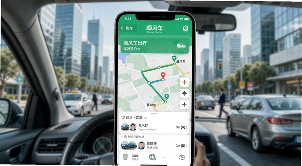 顺风车出行app主界面预览图,展示地图路线规划与附近匹配车辆列表,背景为现代城市通勤场景,前景为手机屏幕特写,界面清晰显示起点终点与车主信息,采用扁平化设计风格,色调清新明亮,突出顺风车出行软件品牌名称和绿色出行主题。