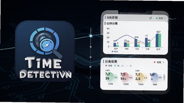 Time Detective 手机应用主界面，展示时间轴与分类统计图表，背景为深色科技感风格，前景清晰显示应用名称 Time Detective 的图标与数据面板，整体风格简洁现代，适合应用商店预览图