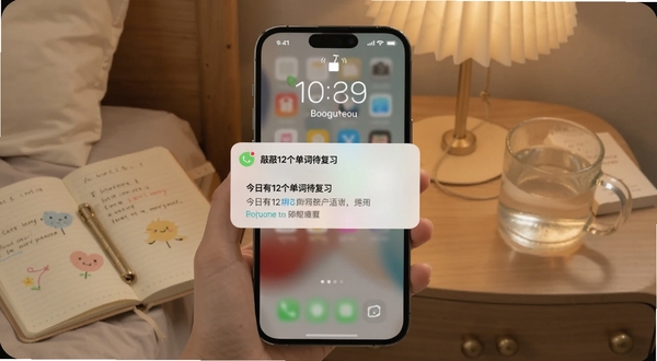 画面展示手机锁屏界面弹出敲敲英语复习提醒通知，通知卡片上写着今日有12个单词待复习，背景是温馨的卧室床头柜场景，旁边放着一本翻开的笔记本和一杯温水，整体色调柔和安静，适配Boogu模型生成