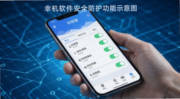 幸机软件安全防护功能示意图,画面展示手机屏幕中幸机应用的权限管理界面,界面清晰展示各项权限开关状态,背景为淡蓝色科技感网格,强调安全可靠的产品形象