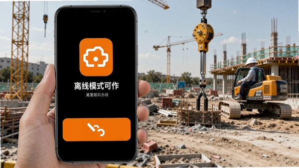 劲龙起重离线模式操作示意图，手机屏幕显示黑色与橙色界面，强调离线可用的图标，背景为户外施工现场，画面突出移动办公的便捷性