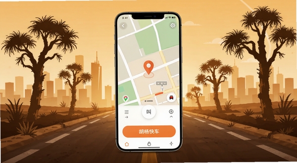 胡杨快车安卓版主界面全景展示,画面中央为手机屏幕,屏幕内呈现地图定位与叫车按钮,背景为城市道路与胡杨树剪影,整体色调温暖,风格简洁现代