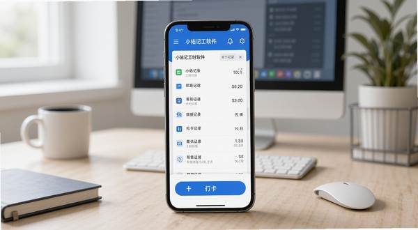 小佑记工时软件主界面展示,画面中央为手机屏幕显示工时记录列表与打卡按钮,背景为简约办公桌面环境,柔和自然光,扁平化UI风格,蓝白配色,高清细节